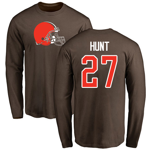 Men Cleveland Browns Kareem Hunt Brown Jersey #27 NFL Football Name and Number Logo Long Sleeve T Shirt->cleveland browns->NFL Jersey